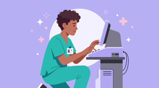 Nurse Using Medical Equipment and Computer on Transparent Background