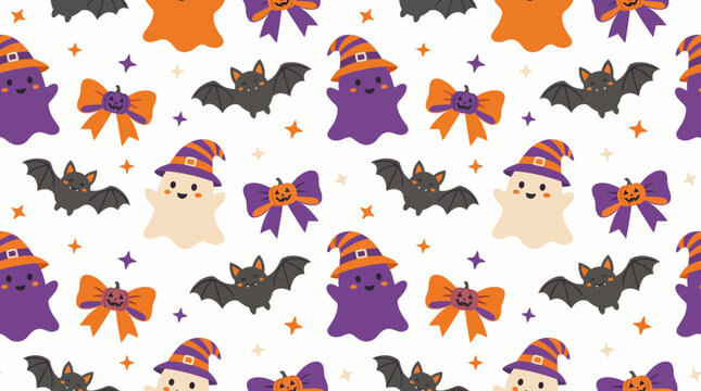 Halloween seamless pattern with cute ghosts and bats on white background