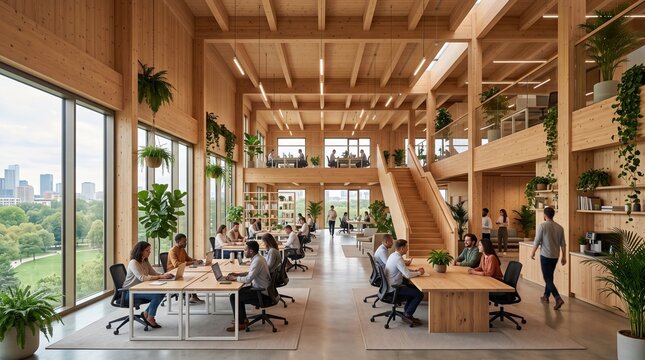 Modern Corporate Office Interior with Exposed CLT Wooden Walls