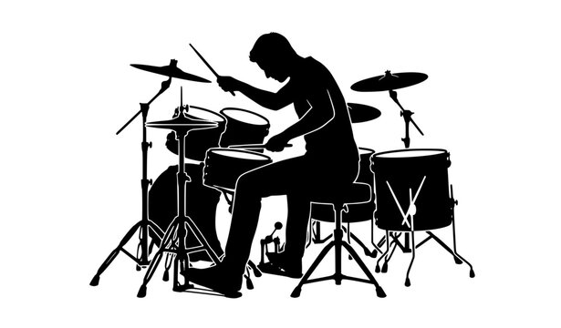 Powerful drummer playing drums and cymbals detailed black silhouette vector