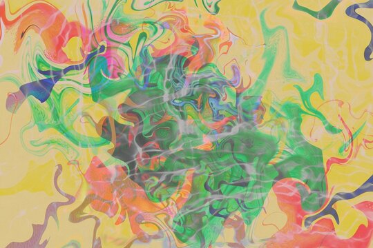 Abstract fluid art with digital marble swirl on yellow