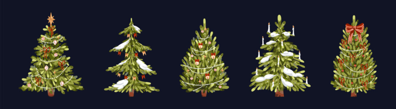 Christmas trees with vintage ornaments set. Vintage watercolor Christmas trees with bows, balls, garlands and cute baubles. Winter holiday firs and spruces with snow. Xmas and New Years pines