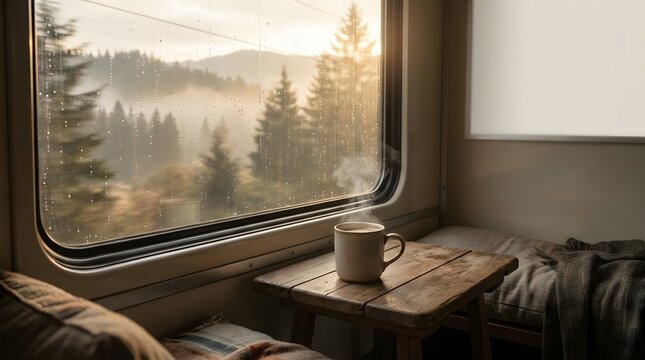 Steaming hot coffee cup on a rustic wooden table inside a train cabin with rainy window view