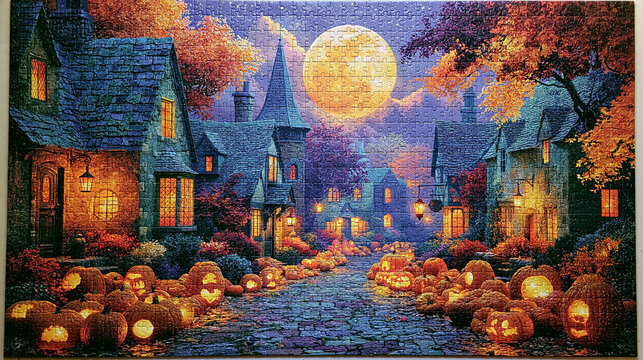 Colorful jigsaw puzzle depicting magical Halloween village street illuminated by glowing carved pumpkins under moonlight