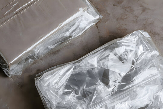 Overlay a transparent, textured polyethylene vinyl wrap onto the package. Shrink-wrap with crumpled plastic bag sleeves.