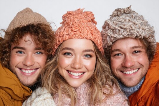 Winter Companions: Three friends radiate warmth and smiles, bundled in cozy knitted hats and winter attire, showcasing the joy of togetherness during the colder months.