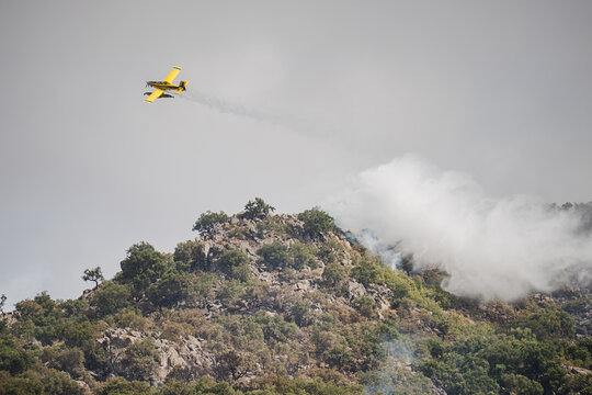 Firefighting aircraft combat wildfire over rocky forest hill