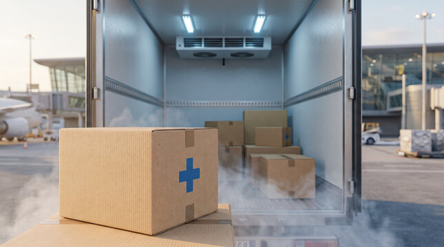 Medical cold chain air cargo transportation with refrigerated truck and pharmaceutical shipping boxes at airport