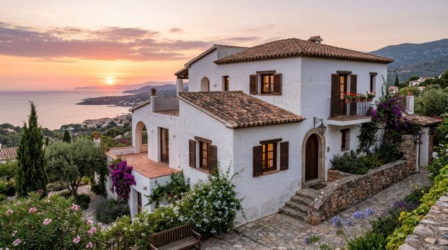 Beautiful white villa with a red tile roof and wooden shutters sits on a hillside overlooking the ocean at sunset