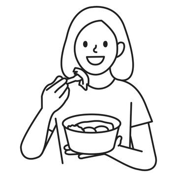PNG Young woman eating delivery food flat line sticker, transparent background
