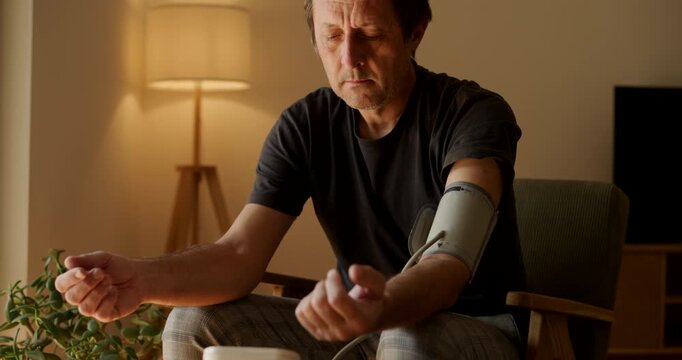 Man sitting at home checking his blood pressure with an arm cuff monitor, health monitoring and self care concept, warm cozy living room interior in the background. 4K.