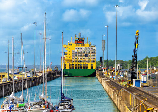 Cargo ship transiting Panama Canal Gatun locks