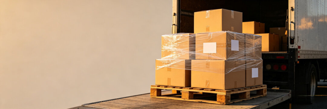 Pallet of Wrapped Boxes at Truck Loading Dock