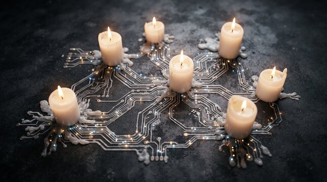 Top-down macro shot of white candles with melted wax forming circuit-board patterns