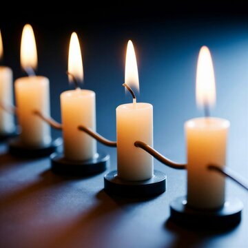 Row of burning candles connected by wire on dark surface  
