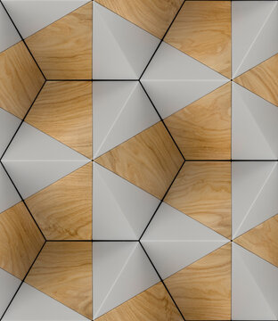 Geometric oak wood and white hexagon tile texture