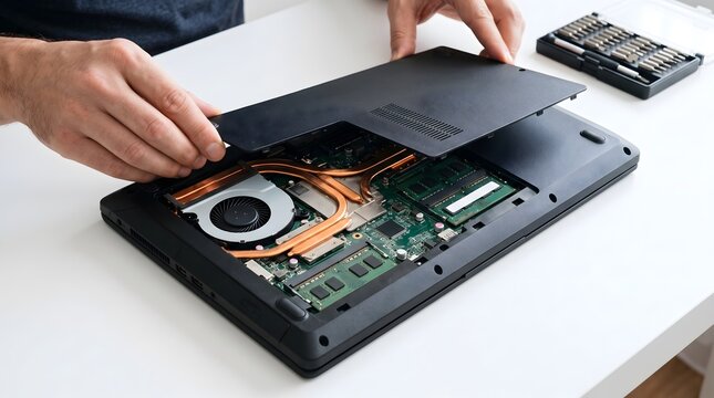 Hands opening a laptop to reveal internal components including RAM cooling fan and copper heat pipes with a screwdriver set nearby on a white desk.