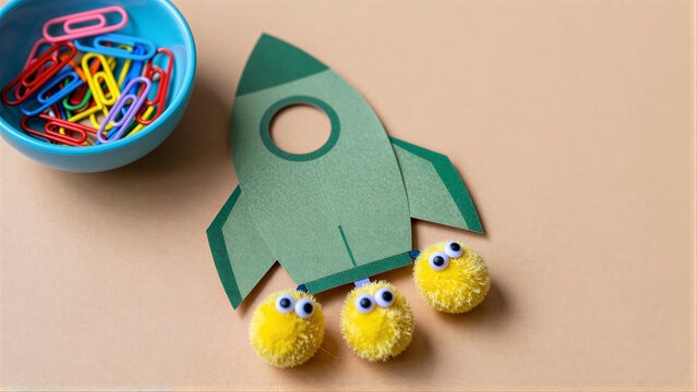 Colorful paper rocket with googly-eyed pom-poms, beside a bowl of paper clips.