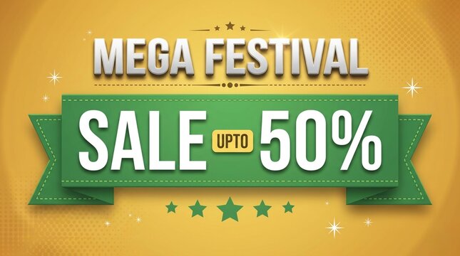 Mega Festival Sale Commercial Banner with Up to 50 Percent Off on Green Ribbon