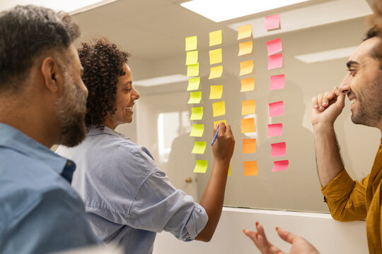 Coworking office team plan project with sticky notes