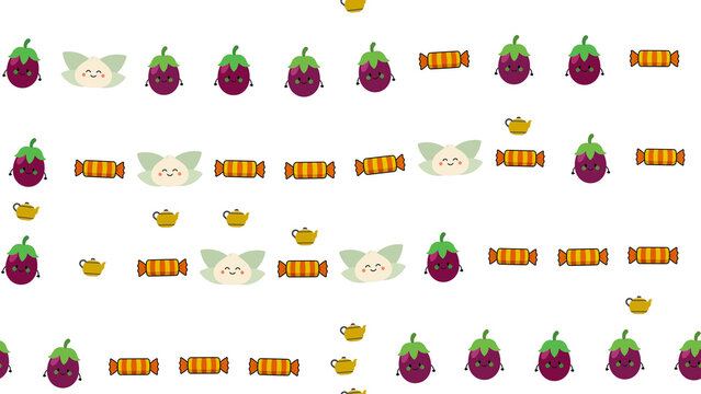 Cute cartoon eggplants, candies, and teapots pattern