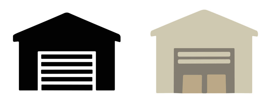 Two garage icons with rolling doors in black and beige color variations on transparent background