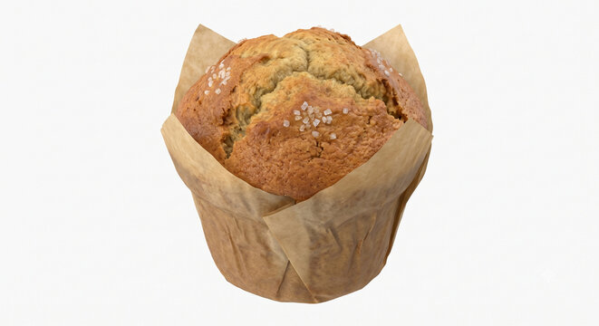fresh baked muffin in brown paper wrapper, delicious homemade sweet bakery pastry cutout, golden breakfast sponge cake food photography, moist appetizing dessert muffin snack element, traditional cafe