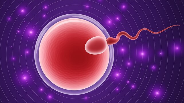 Futuristic sperm cell approaching an egg in a glowing reproductive biology concept