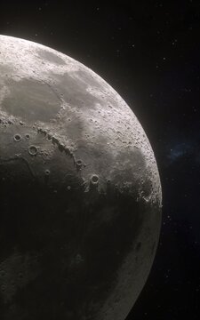 Detailed moon surface with crater against deep space