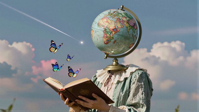 Globe-headed reader holds book, butterflies flutter under starry sky.
