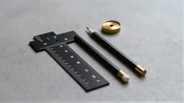 Black rulers, pencil, and gold washers arranged on gray surface.