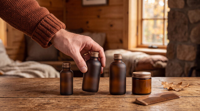 Man's hand picking up one bottle from a lineup of unbranded amber grooming containers on a cabin table