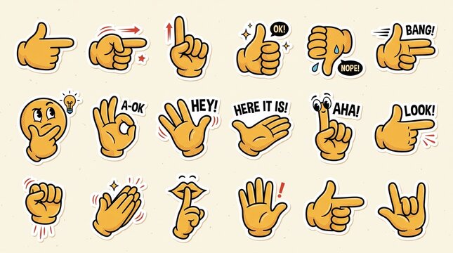 Playful hand gesture illustration set featuring pointing, victory, thumbs up, OK signs, clapping, finger hearts, and expressive communication symbols, cartoon vector style.