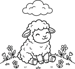 Obraz premium Cute lamb sitting in a field of flowers with a fluffy cloud above