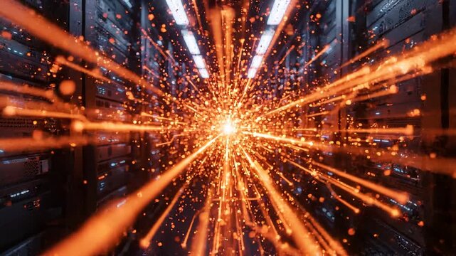 Data center server room with glowing digital network particles and high-speed fiber optic flow