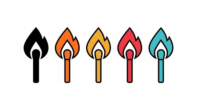 Colorful matchstick flame icon collection featuring stylized fire shapes in multiple colors, minimal vector design, ignition symbols, energy concepts, modern illustration.