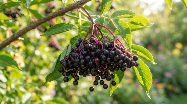 Ripe dark black elderberry bunch hanging on green leafy branch outdoors in organic garden ready for harvest during summer day