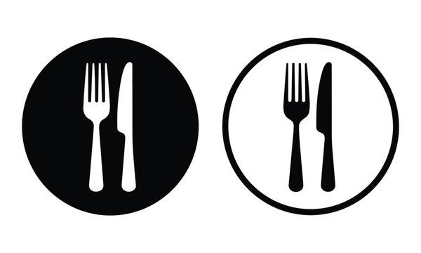 Sleek professional cutlery icons featuring a fork and knife silhouette in high contrast black and white circles for elegant menus.