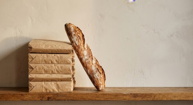 Crusty rustic baguette leaning on stack of folded kraft paper bags on wooden shelf against warm plaster wall - Artisan bakery branding and sustainable food packaging concept