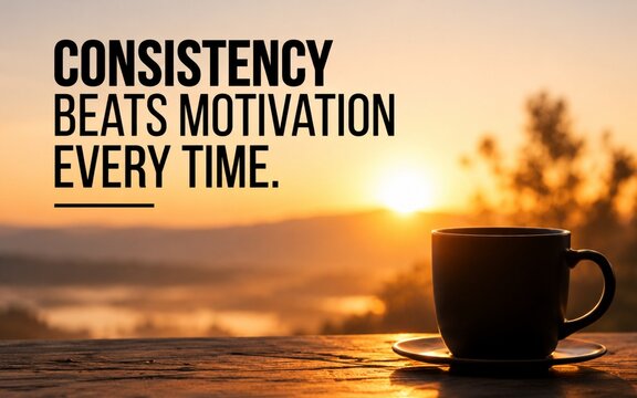 Coffee cup and sunrise scene with motivational quote about consistency and discipline, representing habits, focus, productivity, and personal growth.
