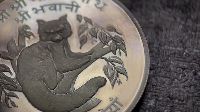 Macro video focusing on the engraved Devanagari lettering of a Nepalese 50 rupees collectible coin, highlighting raised characters, fine inscription details, and aged metallic texture,