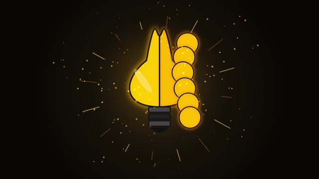 Glowing light bulb animation with caterpillar eating leaf graphic on dark background for video loop