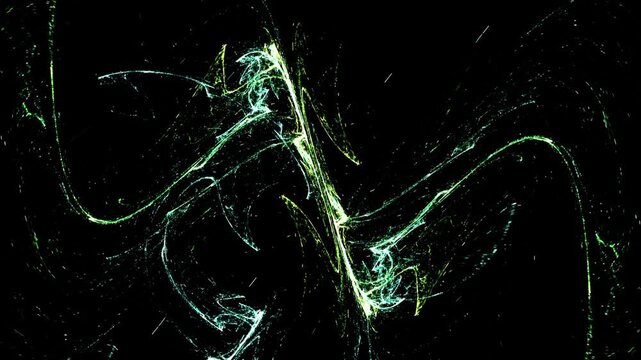 Futuristic and dynamic abstract fractal art set against a pitch-black background. 