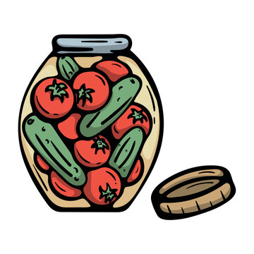 Jar with pickled tomatoes and cucumbers. Hand drawn doodle clipart for homemade canning, pantry storage, harvest recipes and preserved food. Vector illustration isolated on white background.