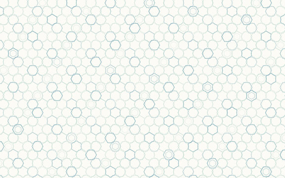 Seamless hexagon pattern in minimal line style, small blue and gray honeycomb outlines on white background, subtle geometric texture for wallpaper, packaging and presentations