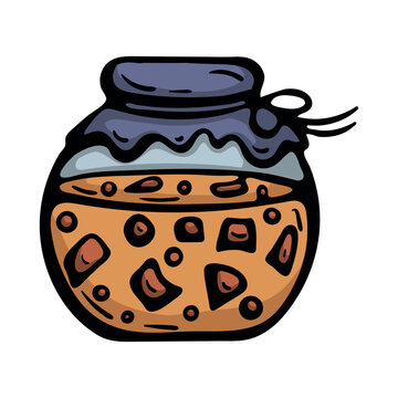 Homemade peach jam in jar. Hand drawn doodle clipart for sweet preserves, winter pantry supplies, kitchen labels, recipe design and harvest packaging. Vector illustration isolated on white background.