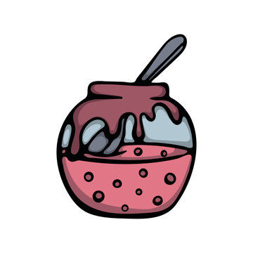 Jar of strawberry jam. Hand drawn doodle clipart for homemade preserves, pantry storage, recipe design and food packaging. Vector illustration isolated on white background.