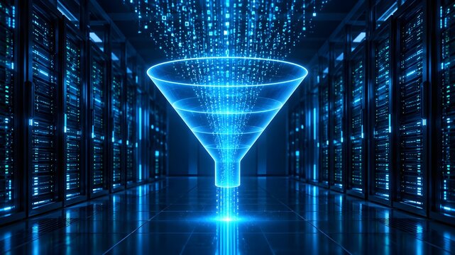 Holographic data funnel filtering streams of digital particles inside dark server room corridor for big data processing and extraction