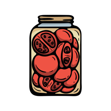 Jar of pickled tomatoes for winter storage. Hand drawn doodle clipart for home canning, seasonal preserves, pantry supplies and harvest preparation. Vector illustration isolated on white background.