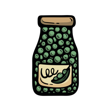 Jar of pickled green peas. Hand drawn doodle clipart for homemade canning, winter pantry supplies, harvest preparation and vegetable preserves. Vector illustration isolated on white background.